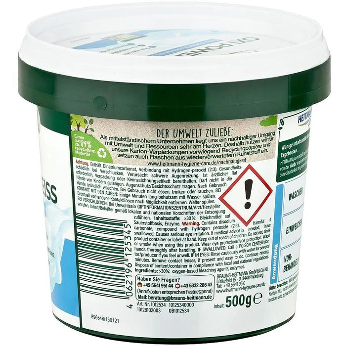 Heitmann Fleckenentferner Pure Oxi Power-Weiß, Für Kleidung, Gegen Grauschleier, Pulver, 500g 5 Heitmann Fleckenentferner Pure Oxi Power-Weiß, Für Kleidung, Gegen Grauschleier, Pulver, 500g – Bild 3