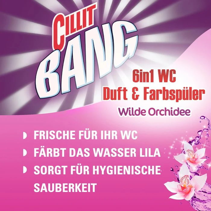 Cillit-Bang WC-Duftspüler 6 In 1 Lilaspüler, Wilde Orchidee, Im Korb, 3 Stück 5 Cillit-Bang WC-Duftspüler 6 In 1 Lilaspüler, Wilde Orchidee, Im Korb, 3 Stück – Bild 3