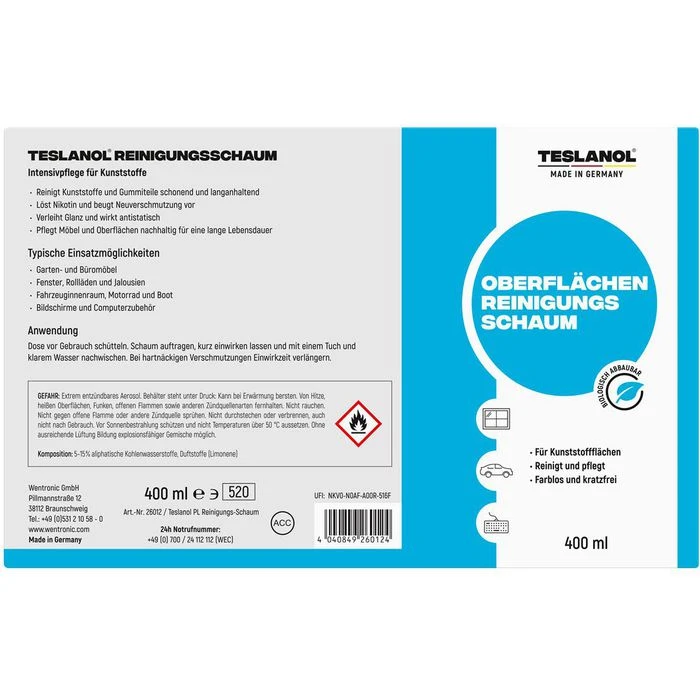 Teslanol Kunststoffreiniger Reinigungsschaum, Intensivpflege, Alle Kunsstoff-Oberflächen, 400 Ml 4 Teslanol Kunststoffreiniger Reinigungsschaum, Intensivpflege, Alle Kunsstoff-Oberflächen, 400 Ml – Bild 2