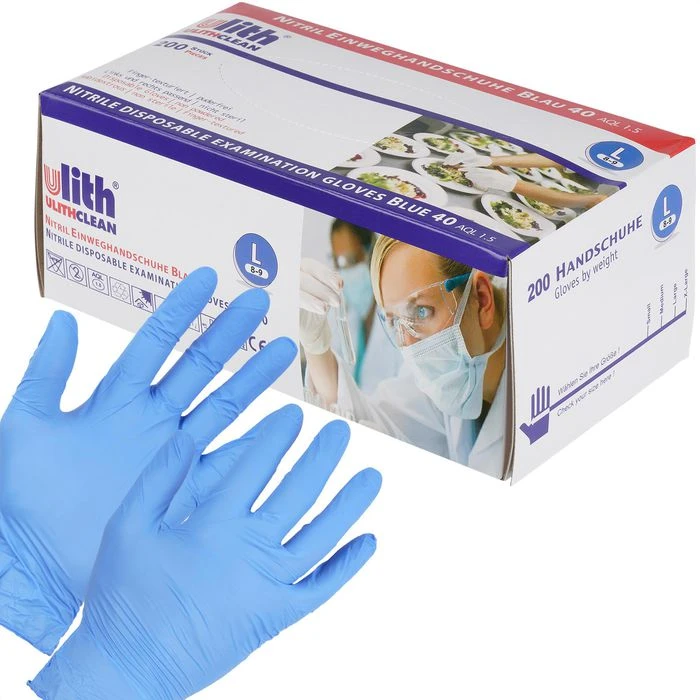 Ulith Einmalhandschuhe Nitril Typ 40, Puderfrei, Blau, 200 Stück, Größe L 2 Ulith Einmalhandschuhe Nitril Typ 40, Puderfrei, Blau, 200 Stück, Größe L