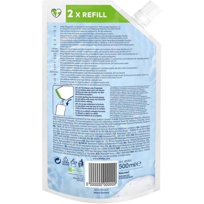 Nivea Seife Pflegeseife Creme Soft, Flüssigseife, Nachfüllbeutel, 500ml 6 Nivea Seife Pflegeseife Creme Soft, Flüssigseife, Nachfüllbeutel, 500ml – Bild 4