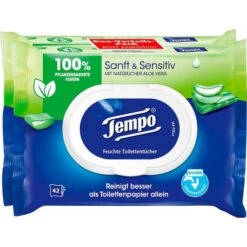 Tempo Toilettenpapier Sanft & Sensitiv, Feuchte Toilettentücher, Aloe Vera, 2x 42 Tücher