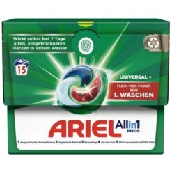 Ariel Waschmittel All-in-1 Pods Vollwaschmittel, Universal+, 0,4 Kg, 15 Waschladungen