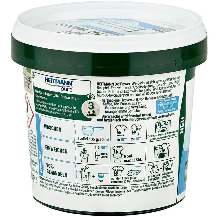 Heitmann Fleckenentferner Pure Oxi Power-Weiß, Für Kleidung, Gegen Grauschleier, Pulver, 500g 6 Heitmann Fleckenentferner Pure Oxi Power-Weiß, Für Kleidung, Gegen Grauschleier, Pulver, 500g – Bild 4