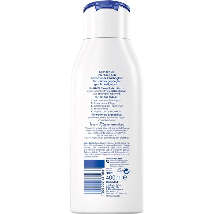 Nivea Bodylotion Aloe & Pflege, 5in1 Formel, Für Trockene Haut, 48h Feuchtigkeitspflege, 400ml 8 Nivea Bodylotion Aloe & Pflege, 5in1 Formel, Für Trockene Haut, 48h Feuchtigkeitspflege, 400ml – Bild 6